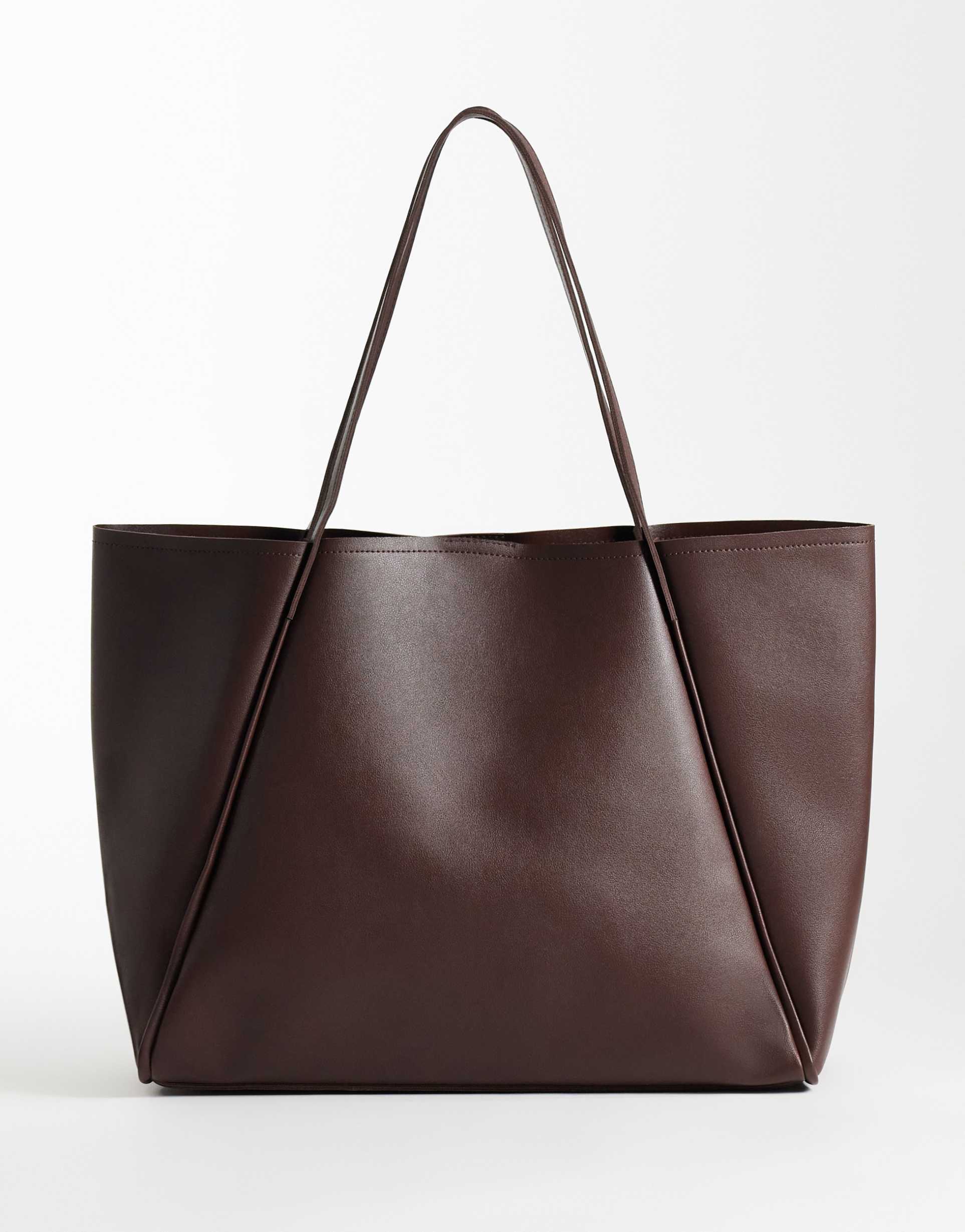 glamorous oversized faux leather tote bag in dark brown