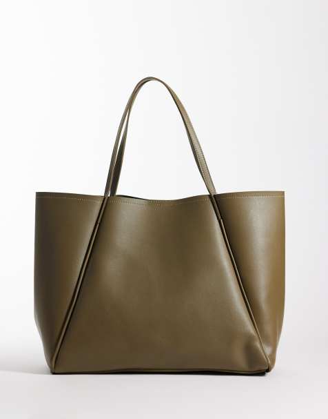 Glamorous oversized faux leather tote bag in olive green - view 1