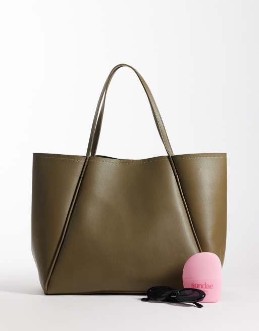 Glamorous oversized faux leather tote bag in olive green , 2 of 4