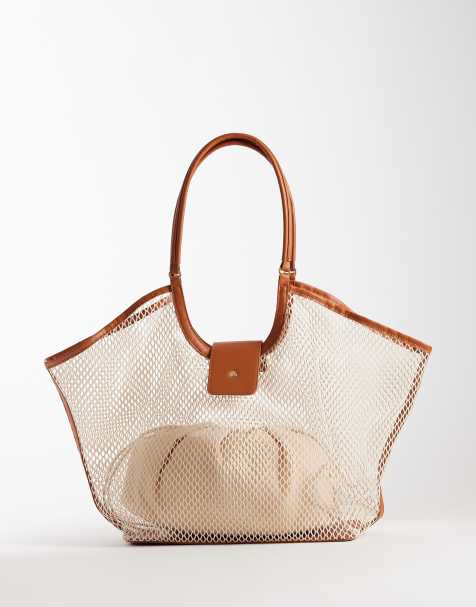 Glamorous - Oversized geweven tote tas van raffia met detail van imitatieleer in neutraal crème - view 1