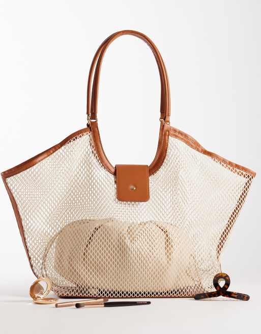 Glamorous - Oversized geweven tote tas van raffia met detail van imitatieleer in neutraal crème, 2 van 4