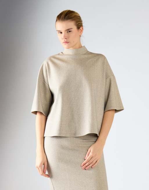 Glamorous Oversized mock-neck short-sleeves top in khaki marl, 2 of 4