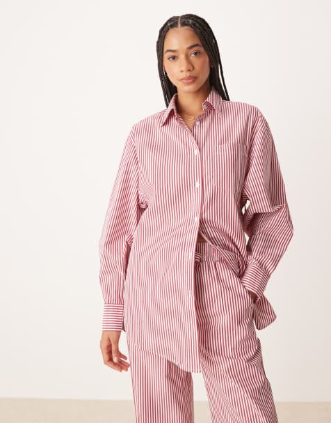 Glamorous oversized poplin shirt in red stripe co-ord - view 1