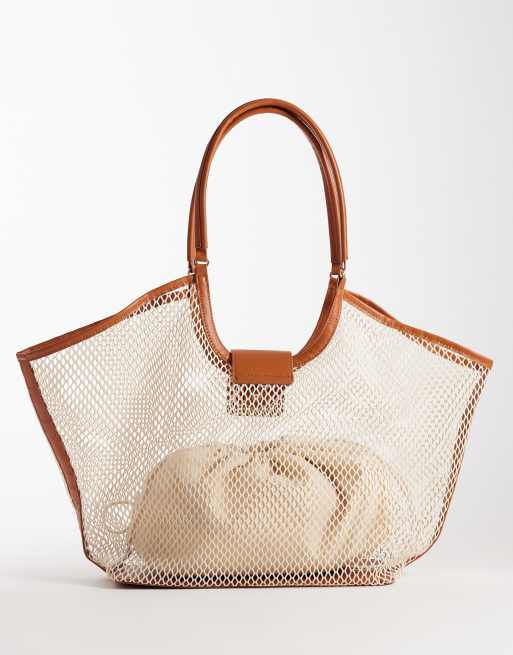 Glamorous oversized raffia woven tote bag with faux leather detail in neutral cream, 3 of 4