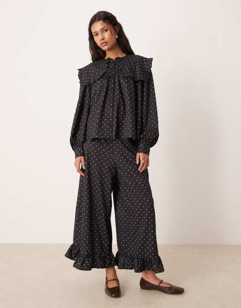 Glamorous oversized ruffle blouse in black pink polka dot co-ord - view 1