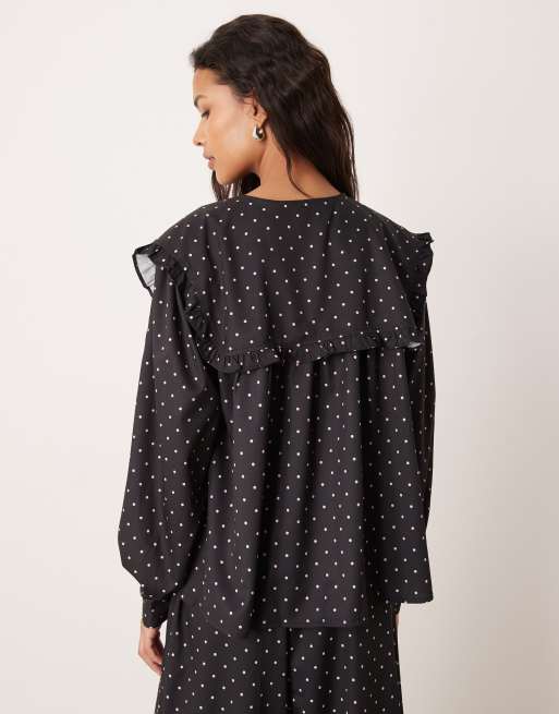 Glamorous oversized ruffle blouse in black pink polka dot co-ord, 2 of 4