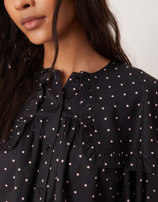 Glamorous oversized ruffle blouse in black pink polka dot co-ord, 3 of 4