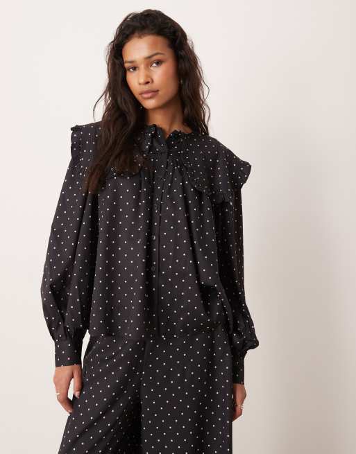Glamorous oversized ruffle blouse in black/pink polka dot - part of a set, 4 of 4