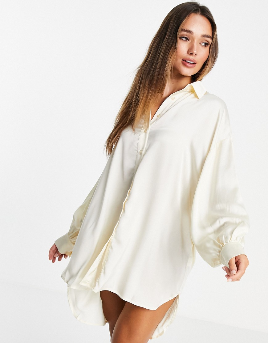 Glamorous oversized satin shirt dress in cream satin-White
