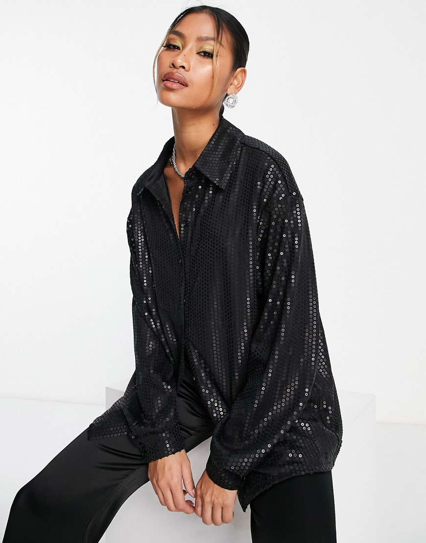 Glamorous oversized shirt in matte black sequin - part of a set