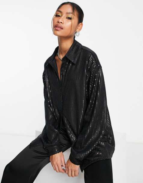 Glamorous - Oversized skjorte med matte sorte pailletter - Del af sæt - view 1