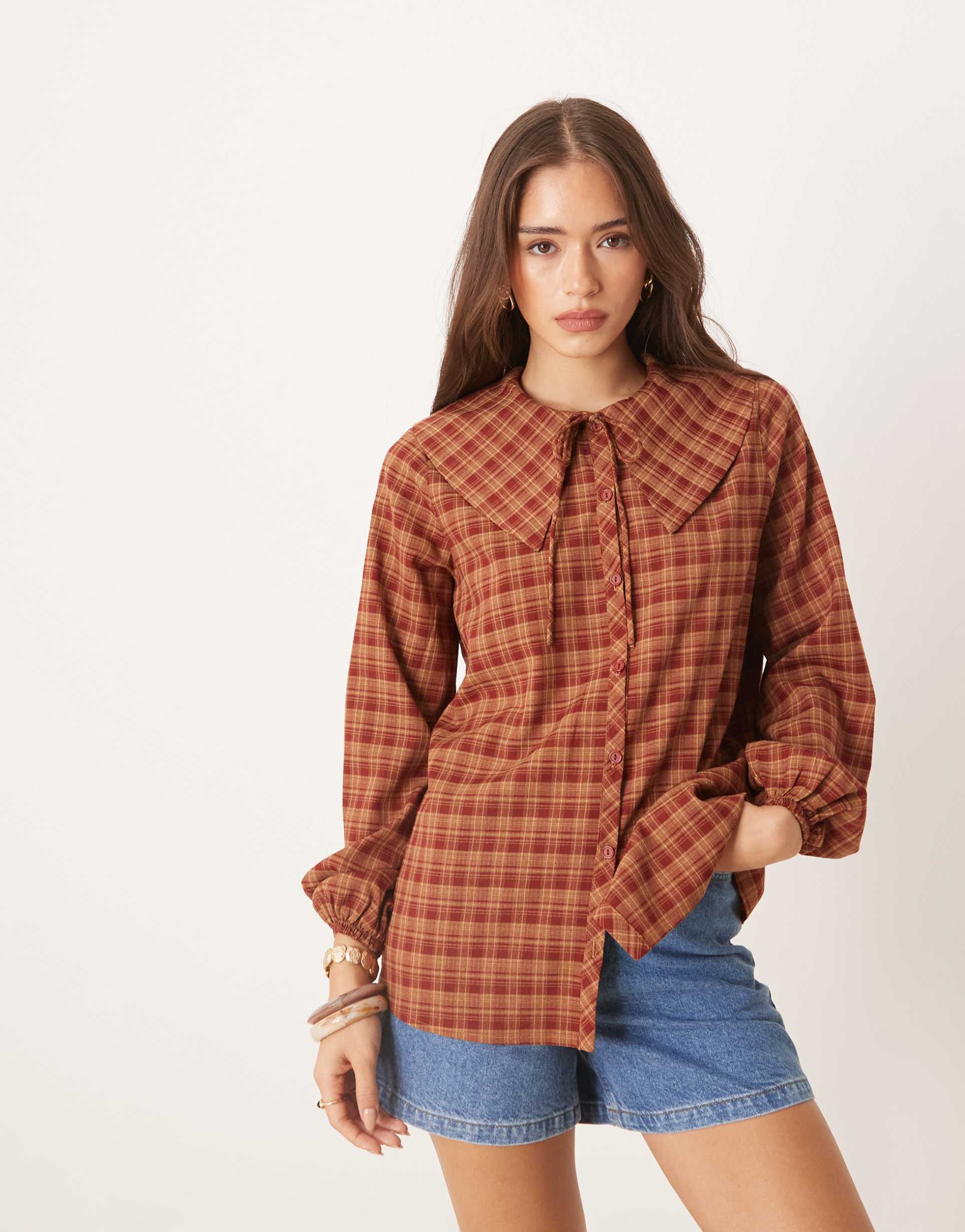 glamorous oversized smock blouse in red brown plaid