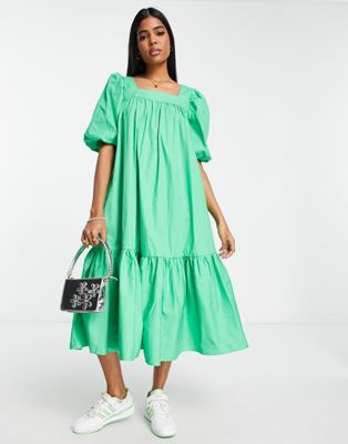 Glamorous oversized square neck midi dress with tiered hem in bright green