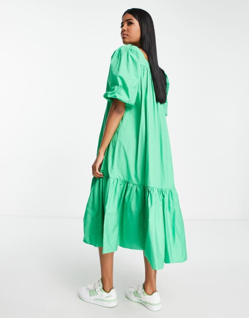 Glamorous oversized square neck midi dress with tiered hem in bright green, 2 of 4