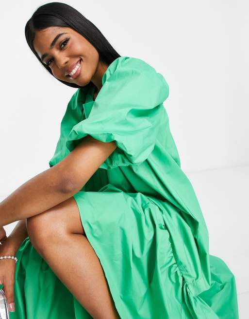 Glamorous oversized square neck midi dress with tiered hem in bright green, 3 of 4