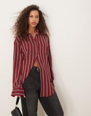 oversized stripe shirt in burgundy and navy