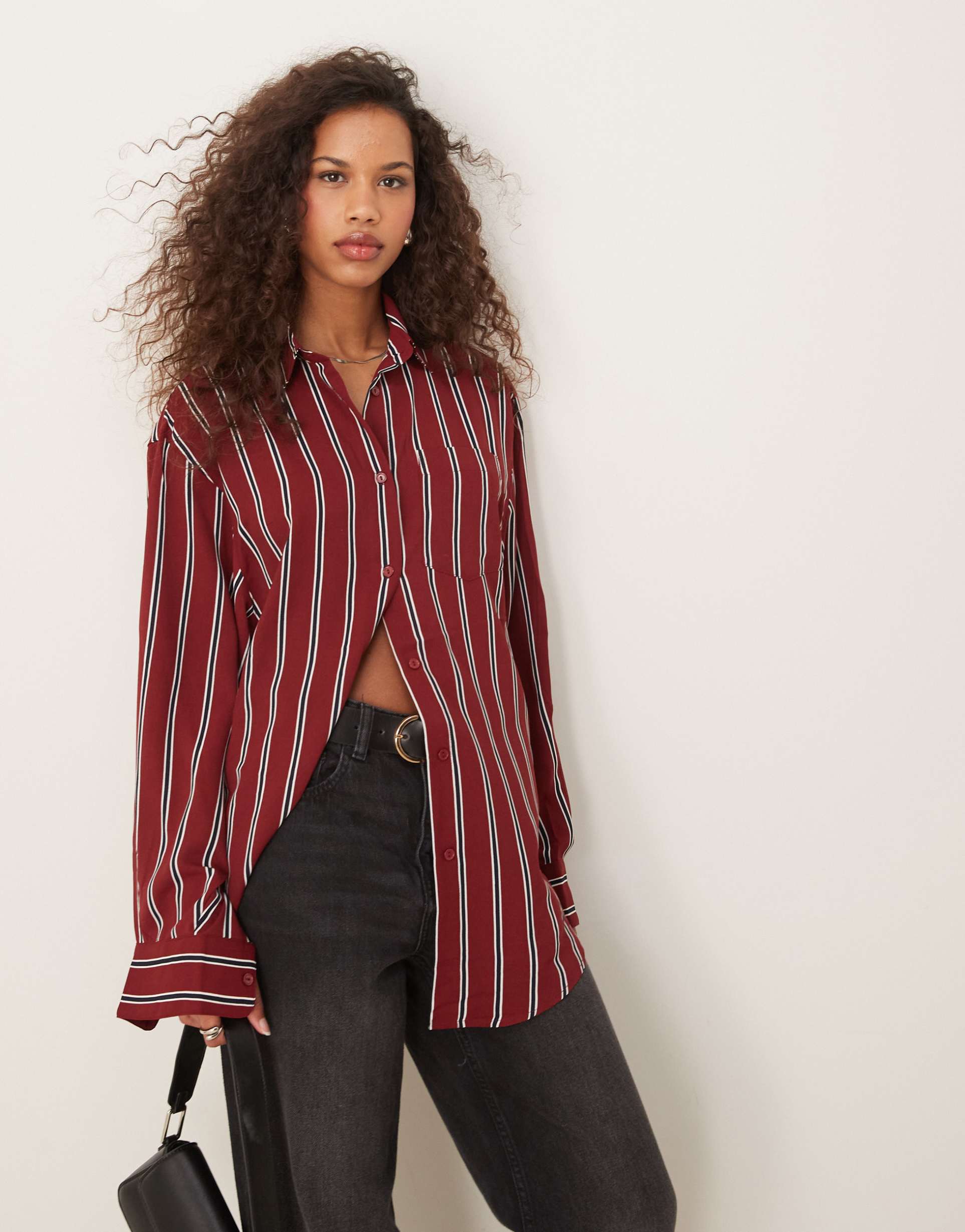 glamorous oversized stripe shirt in burgundy and navy