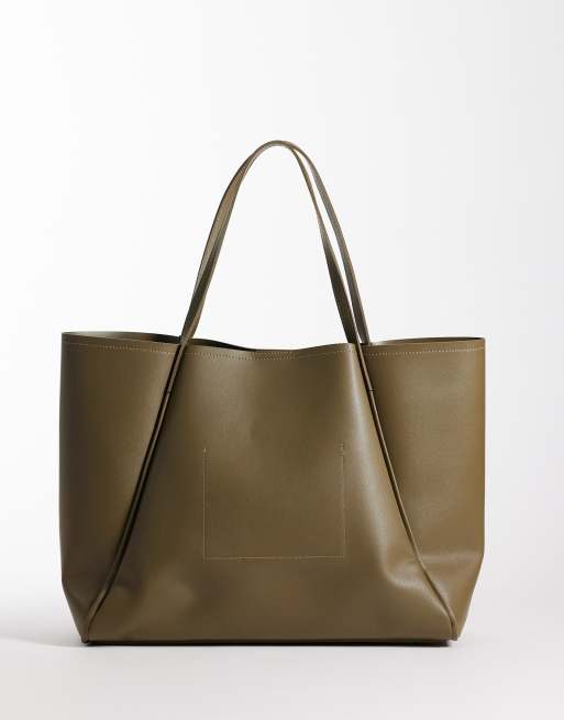 Glamorous oversized toteväska i konstläder i olivgrönt, 4 av 4