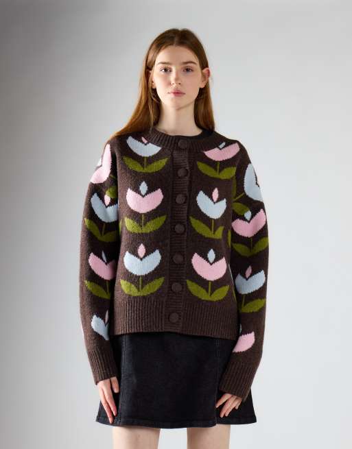Glamorous Oversized tulip print cardigan in brown multi, 2 of 4