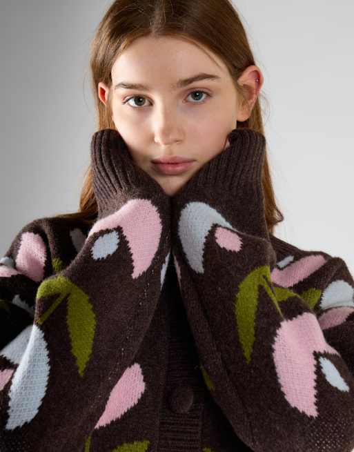 Glamorous Oversized tulip print cardigan in brown multi, 3 of 4