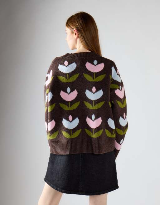 Glamorous Oversized tulip print cardigan in brown multi, 4 of 4