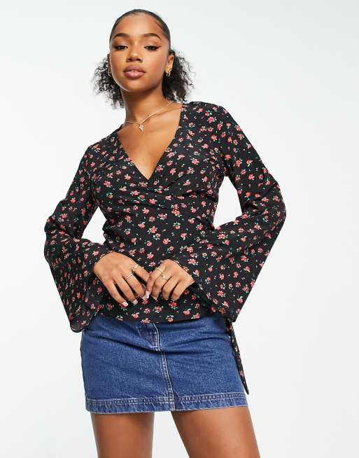 Glamorous - Overslagtop met lange mouwen en rozenprint in zwart