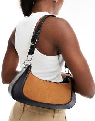 paneled shoulder bag in brown and black