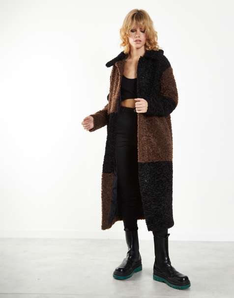 Glamorous Patchwork longline coat in black brown - view 1