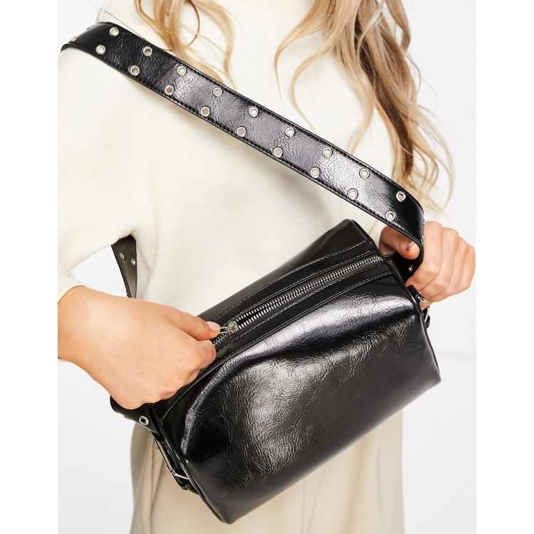 Glamorous patent boxy bag with studded strap in black | ASOS