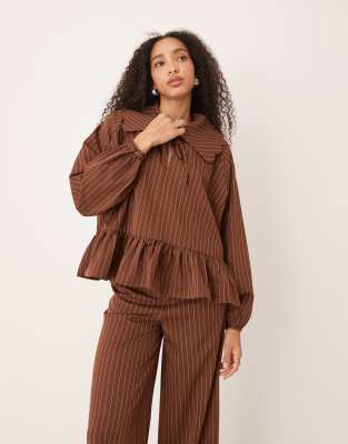 Glamorous peplum hem puff sleeve blouse in brown stripe co-ord - view 1