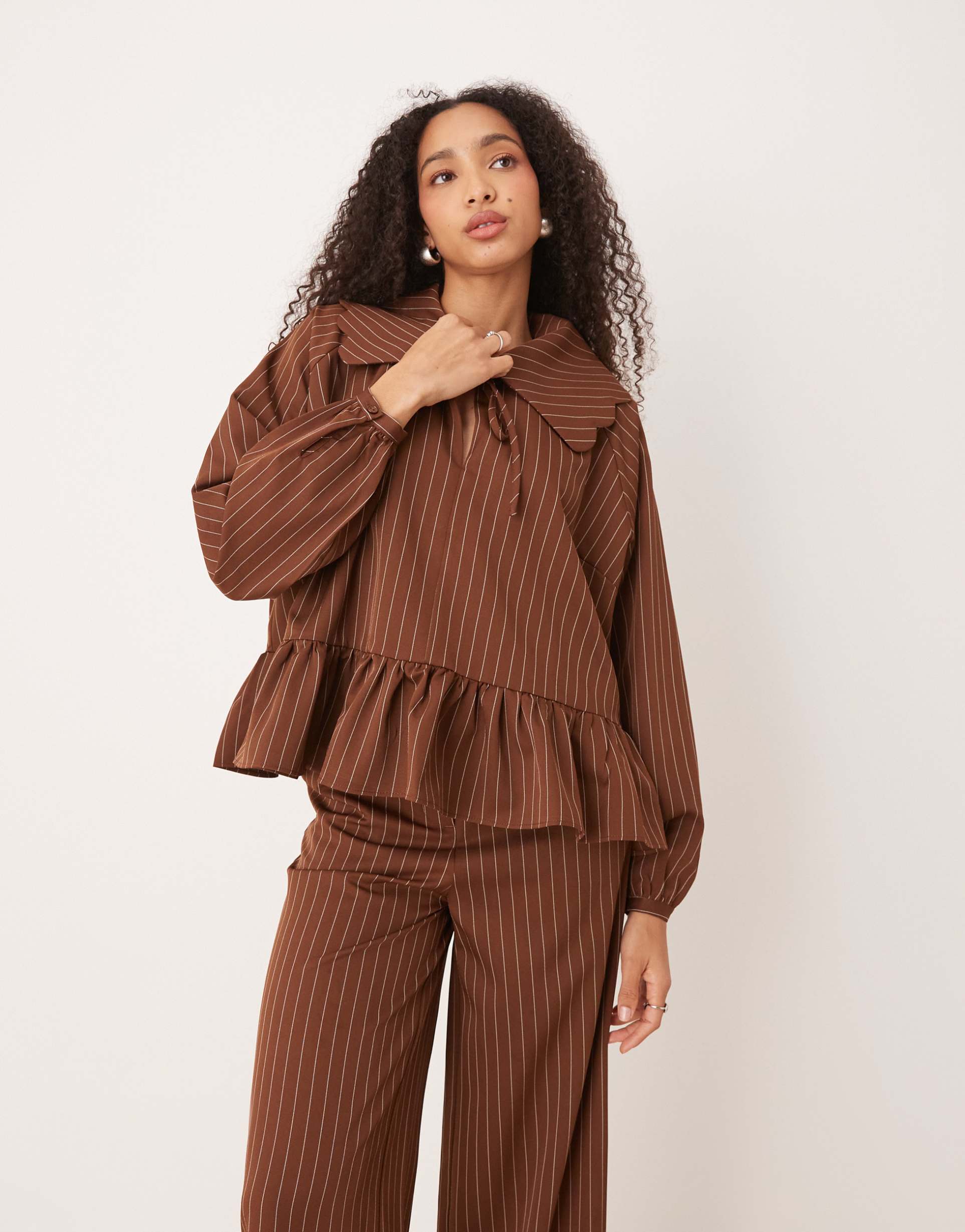 glamorous peplum hem puff sleeve blouse in brown stripe - part of a set
