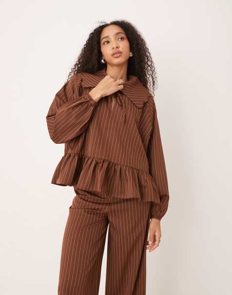 Glamorous peplum hem puff sleeve blouse in brown stripe (part of set) - view 1