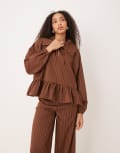 [Glamorous] Glamorous peplum hem puff sleeve blouse in brown stripe (part of set) 8 BROWN