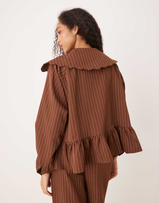 Glamorous peplum hem puff sleeve blouse in brown stripe (part of set), 4 of 4