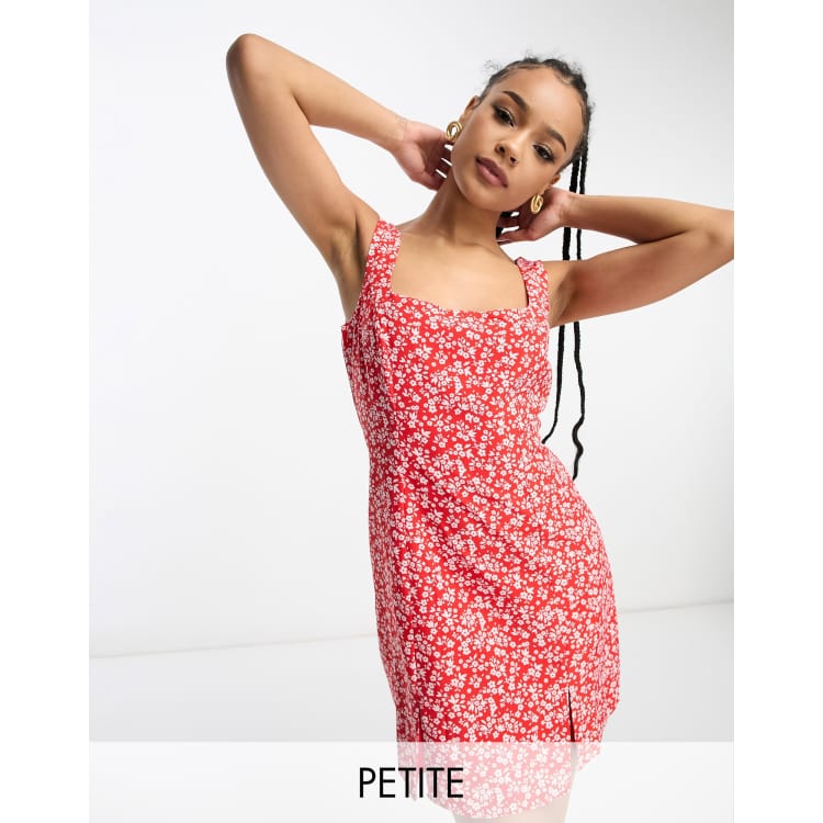 Glamorous Petite 90s square neck fitted mini dress in red leaf floral | ASOS