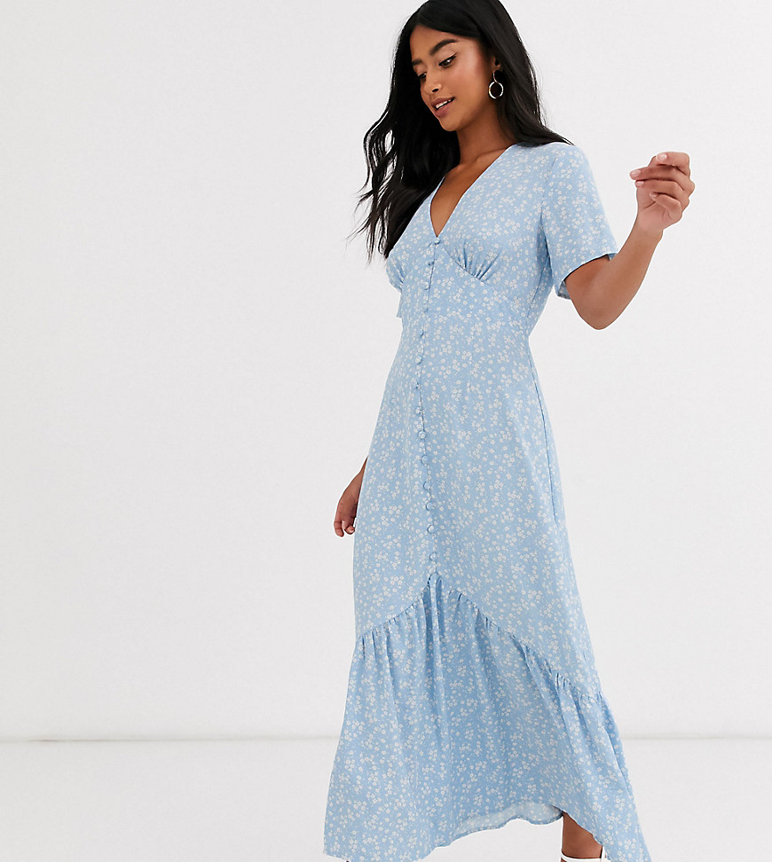 Glamorous Petite - Aangerimpelde midaxi jurk met vintage bloemenprint-Blauw