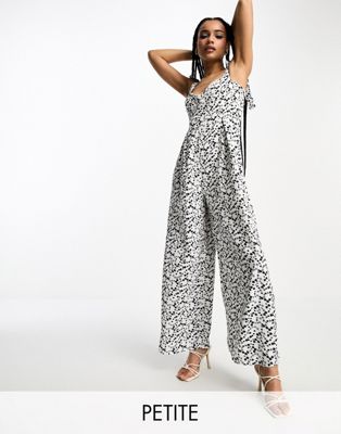 corset waist bunny tie jumpsuit in black white ditsy