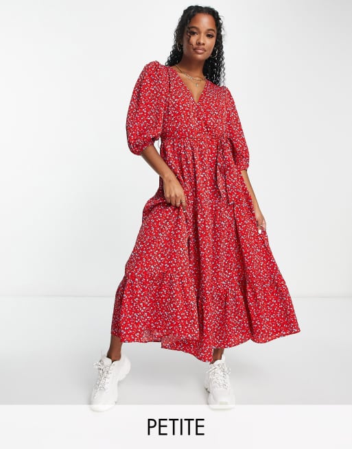 Glamorous Petite – Czerwona warstwowa sukienka kopertowa maxi w drobny wzór