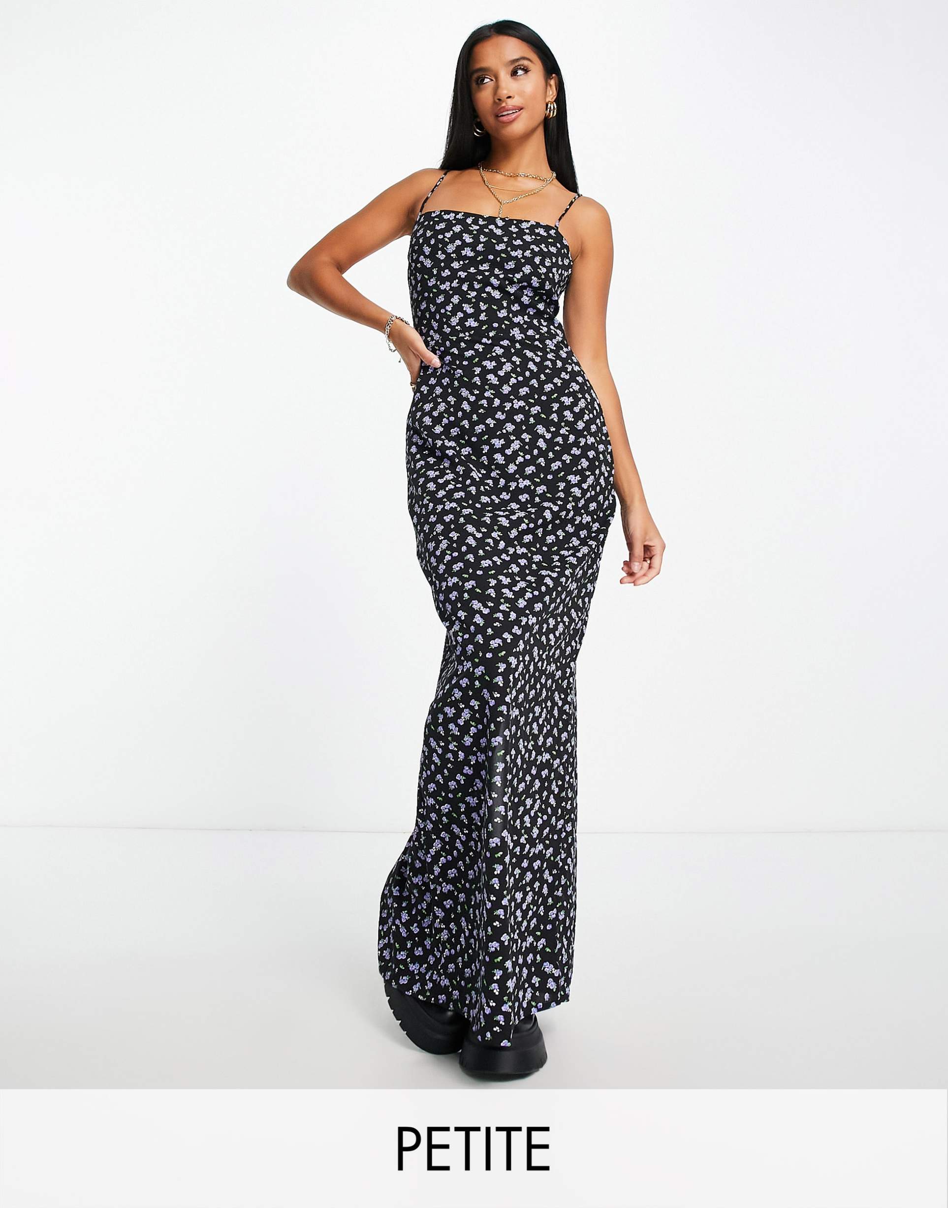 glamorous petite floral print cami maxi dress in black and purple