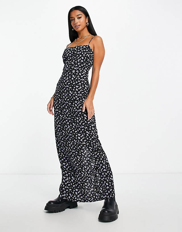 Glamorous Petite floral print cami maxi dress in black and purple GN9473