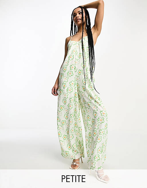 Glamorous Petite lace back strappy smock jumpsuit in green floral