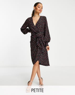 Glamorous Petite long sleeve fitted wrap dress in multi black red ditsy