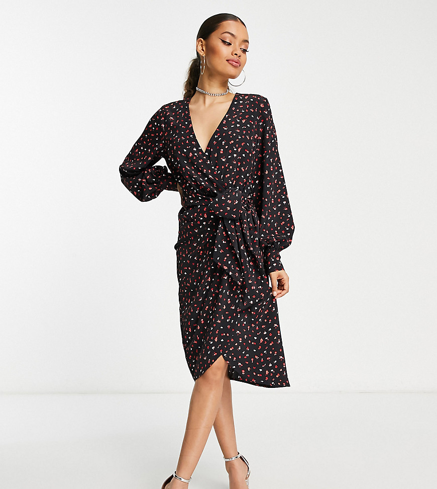 Glamorous Petite long sleeve fitted wrap dress in multi black red ditsy