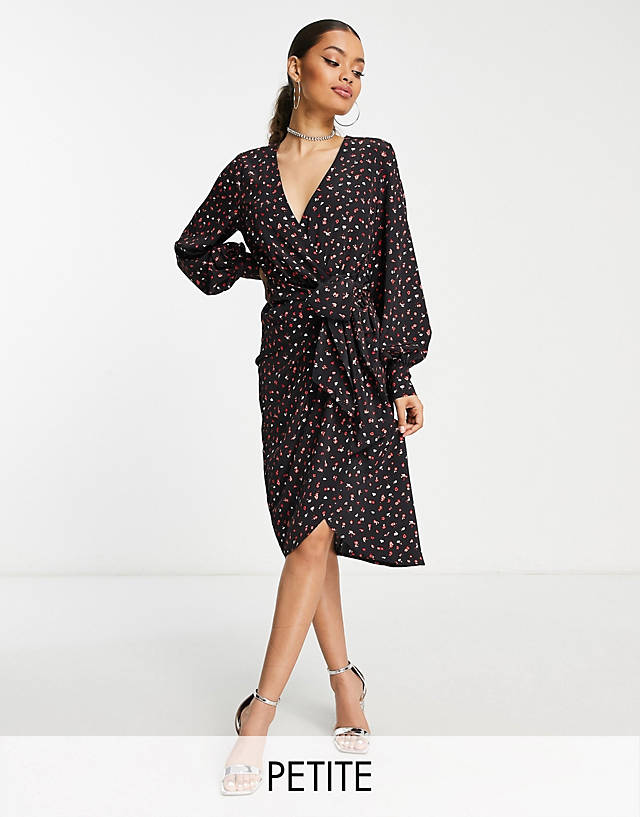 Glamorous Petite - long sleeve fitted wrap dress in multi black red ditsy