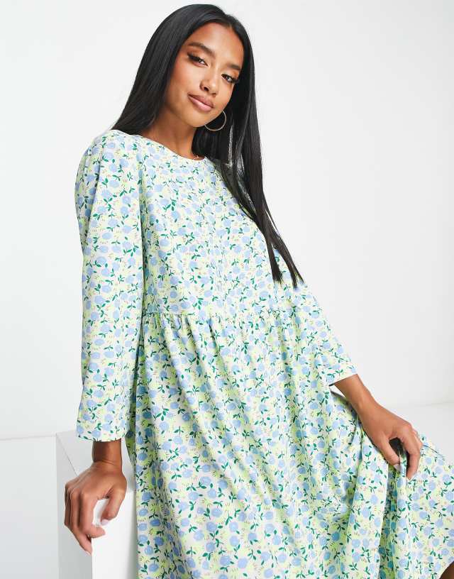 Glamorous Petite long sleeve midi smock dress in vintage ditsy floral 1