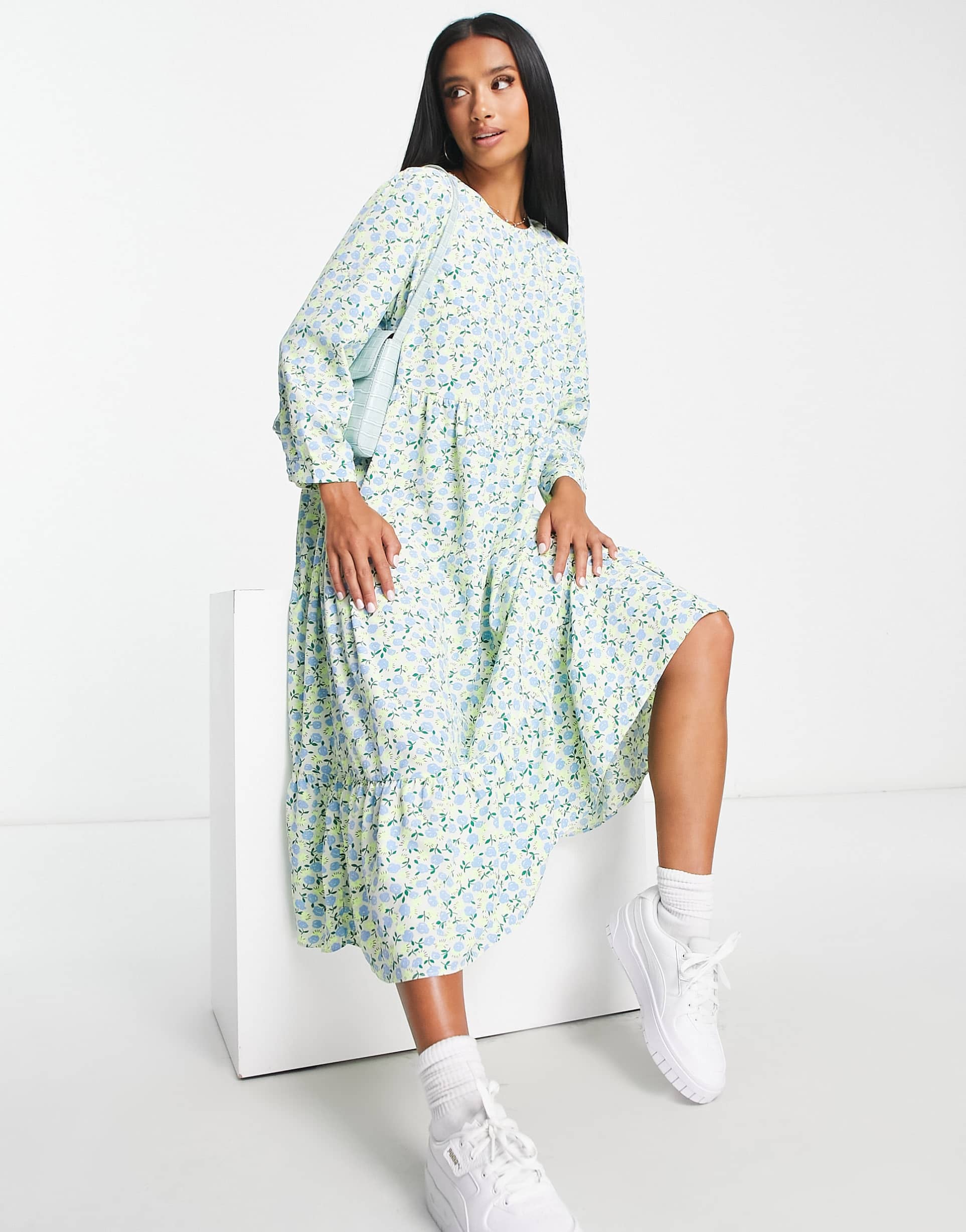 Glamorous Petite long sleeve midi smock dress in vintage ditsy floral