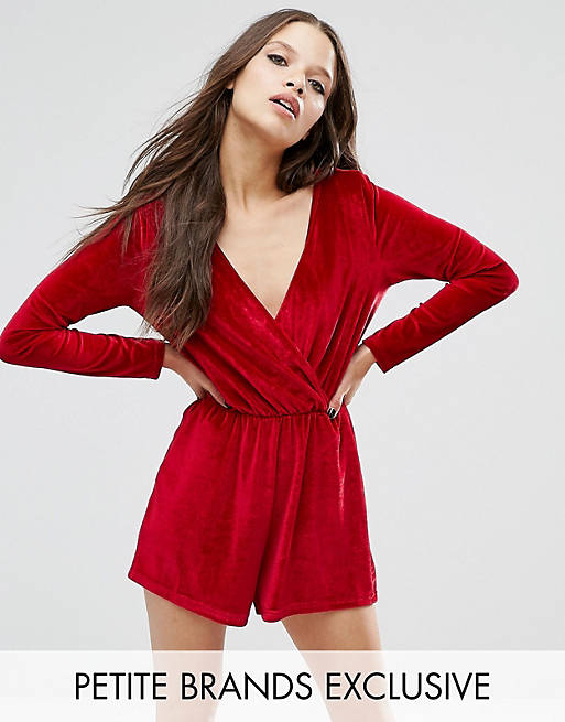 Glamorous Petite Long Sleeve Velvet Playsuit With Wrap Front Detail