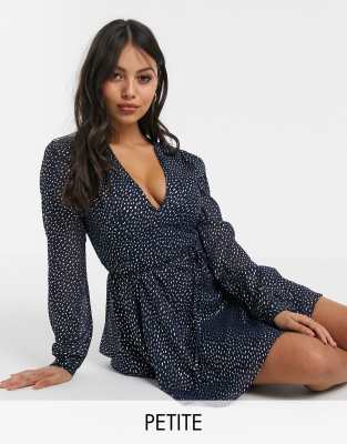 Glamorous Petite long sleeve wrap dress in silver spot-Navy