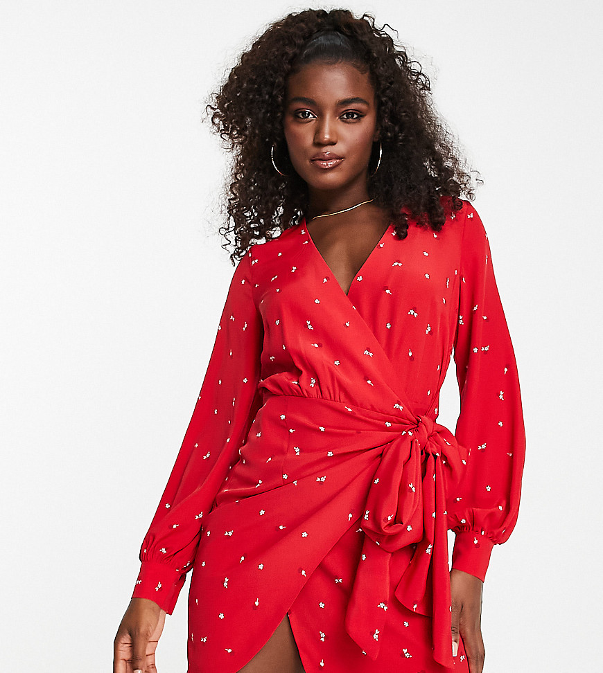 Glamorous Petite long sleeve wrap dress with tie waist in red ditsy