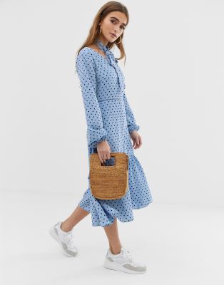 glamorous polka dot midi dress